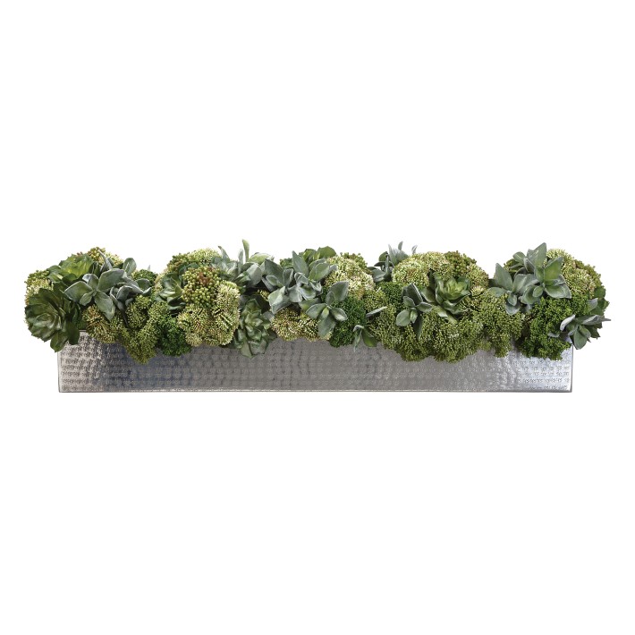 Faux Succulent & Sedum Arrangement in Table Runner Vase, 10"