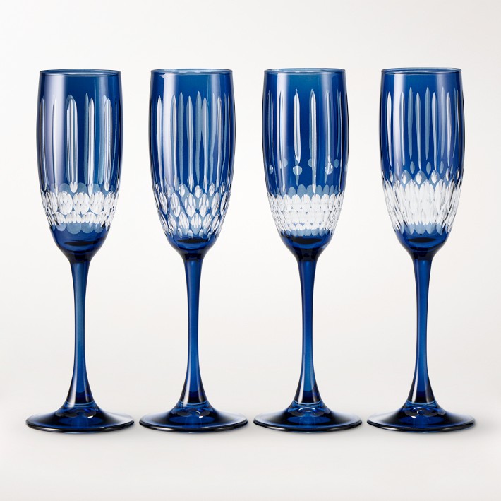 Wilshire Jewel Cut Champagne Flutes, Set of 4, Blue