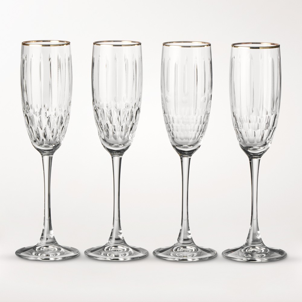 Wilshire Jewel Cut Gold Rim Champagne Flutes, Set of 4