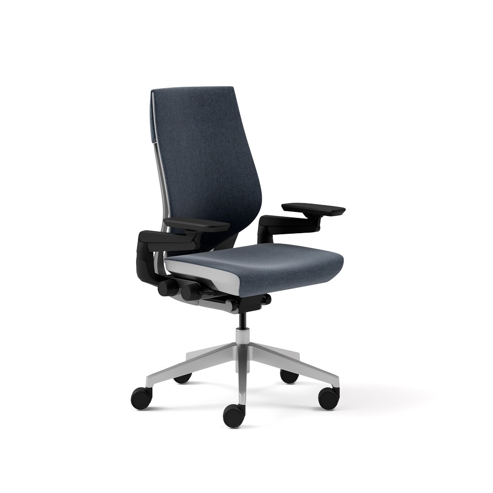 Steelcase Gesture Office Chair, HC, Brushed Flannel, Blue Upholstered, Platinum & Seagull Frame, Polished Aluminum Base