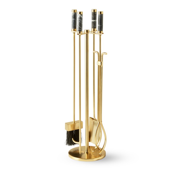 Black Marble & Brass Fireplace Tools and Holder