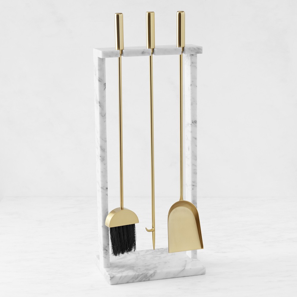 Carrara Marble Fireplace Tool Set and Holder, Brass