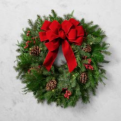 OPEN BOX: Holiday Berry & Pine Live Wreath with Red Velvet Ribbon, 22", Pre-Lit