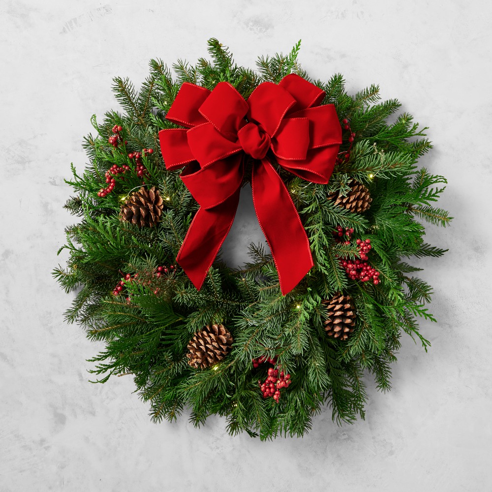 OPEN BOX: Holiday Berry & Pine Live Wreath with Red Velvet Ribbon, 22", Pre-Lit