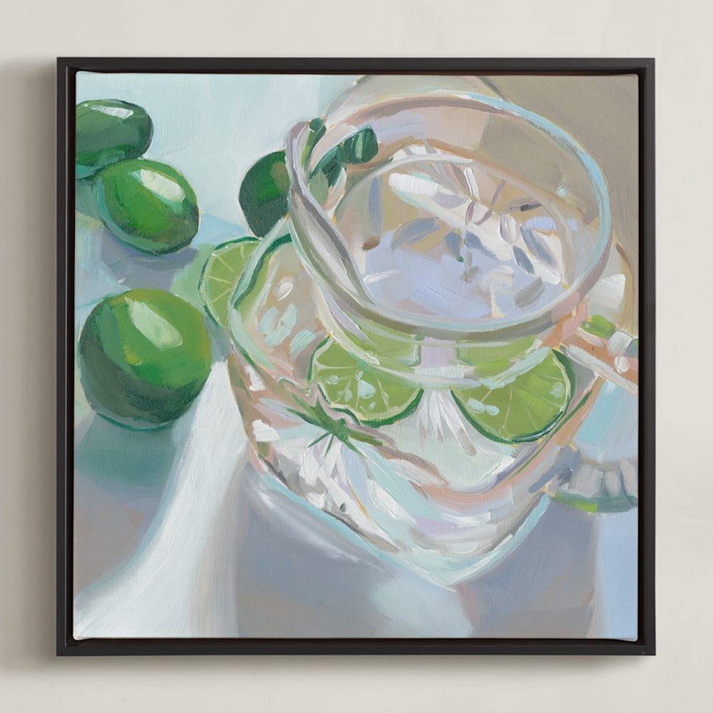 Minted Cut Glass and Limes Jenny Westenhofer, Rich Black Wood Frame, Framed Canvas, 16x16