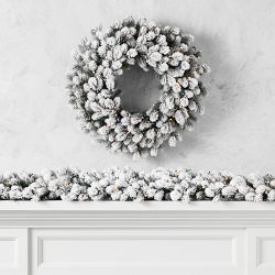Jeff Leatham x Williams Sonoma Winter White Flocked Pre-Lit Wreath &amp; Garland