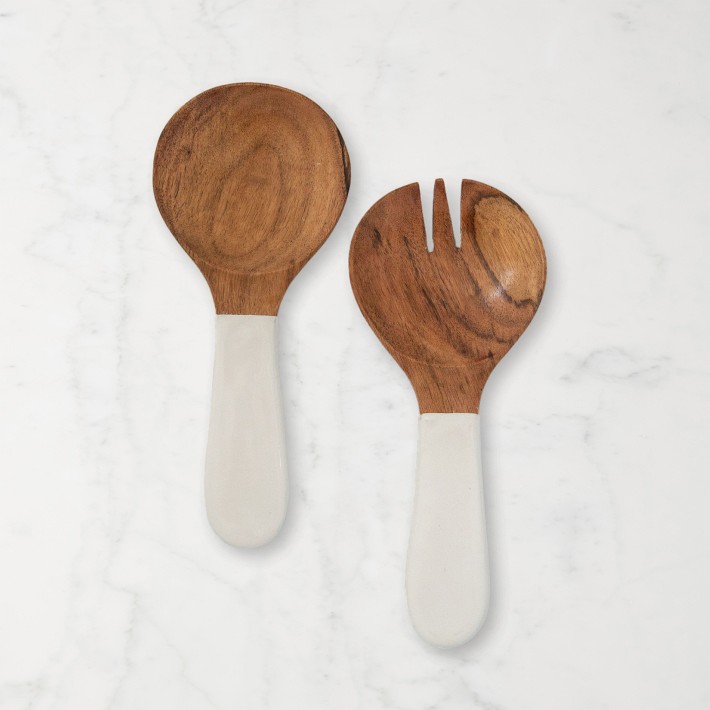 Jeanne Fitz Wood & White Salad Bowl & Servers Set