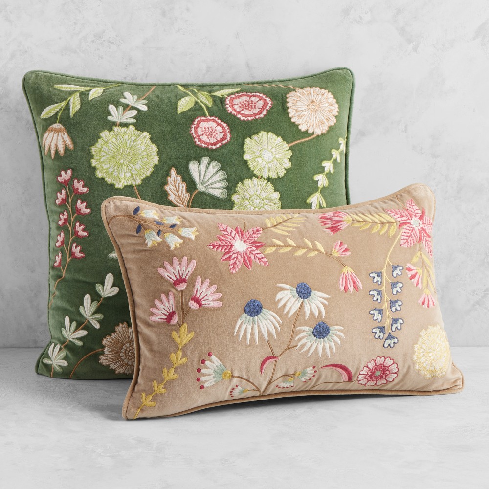Marcella Velvet Embroidered Pillow Cover, Sand