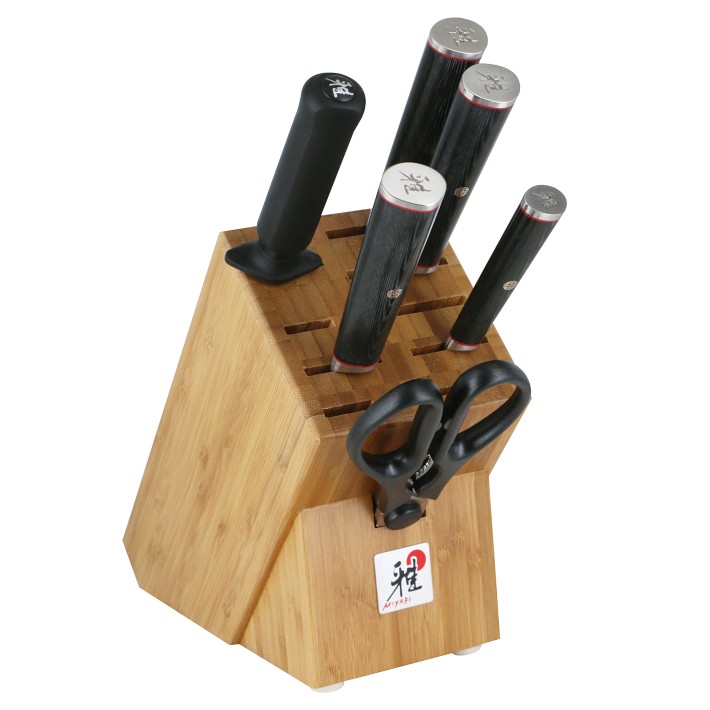 MIYABI Kaizen Blockmesser-Set, 10-teilig – Japanische Messer Aus VG10-Stahl Mit Damastmuster, Inkl. Bambusblock & Wetzstahl