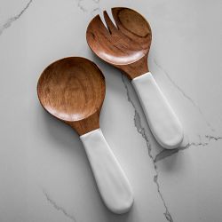 Jeanne Fitz Wood &amp; White Salad Bowl &amp; Servers Set