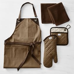 Williams Sonoma Grilling Apron, Oven Mitt, Potholder, and Towel Bundle, Brown