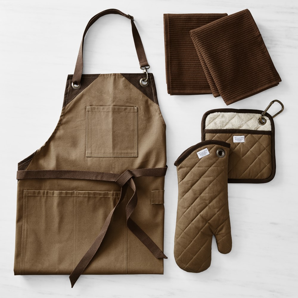 Williams Sonoma Grilling Apron, Oven Mitt, Potholder, and Towel Bundle, Brown