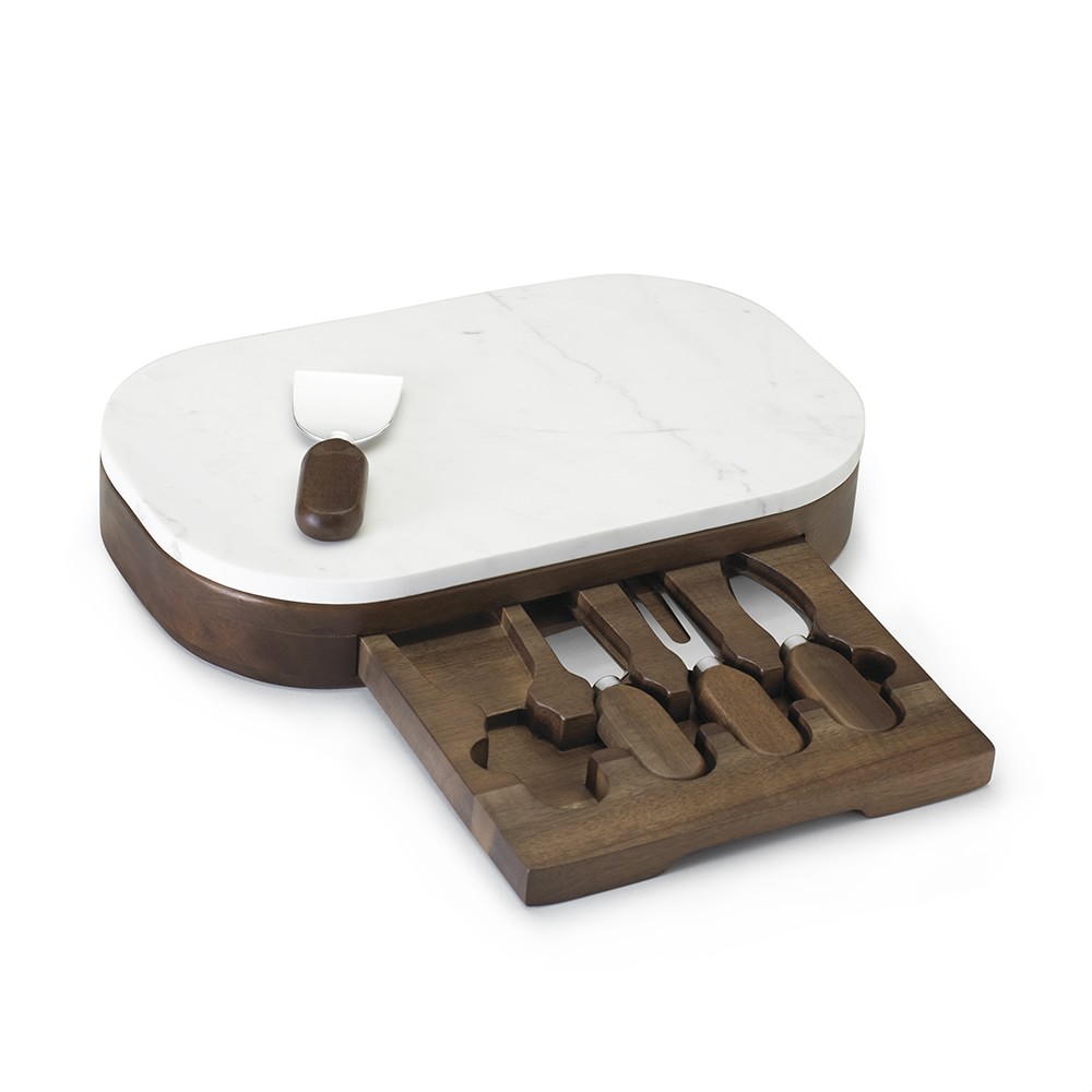 OPEN BOX: Marble Cheese Board Set with Knives, Walnut