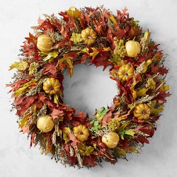 Pumpkin & Fall Leaves Live Wreath, 30"
