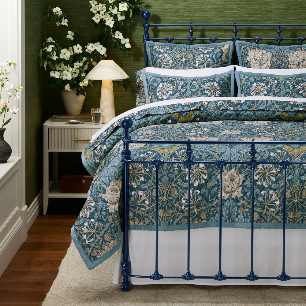 Morris & Co Honeysuckle Tulip Quilt & Shams, Queen Quilt, Teal Blue