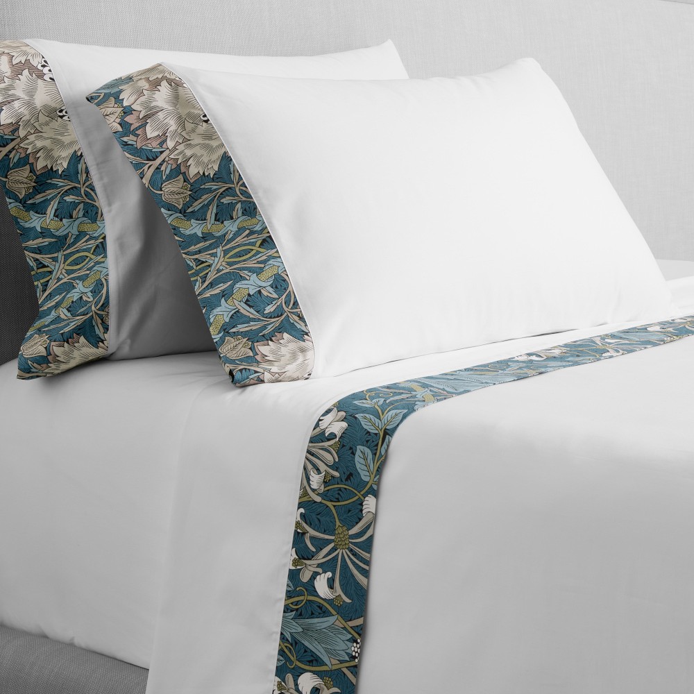 Morris & Co Honeysuckle Tulip Cuffed Sheet Set, Standard Case Pair, Teal Blue
