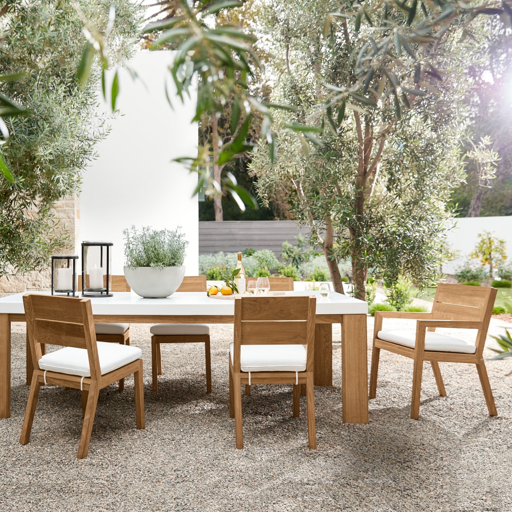 Larnaca Fiberstone Dining Table &amp; Teak Dining Chairs (96&quot;-108&quot;)