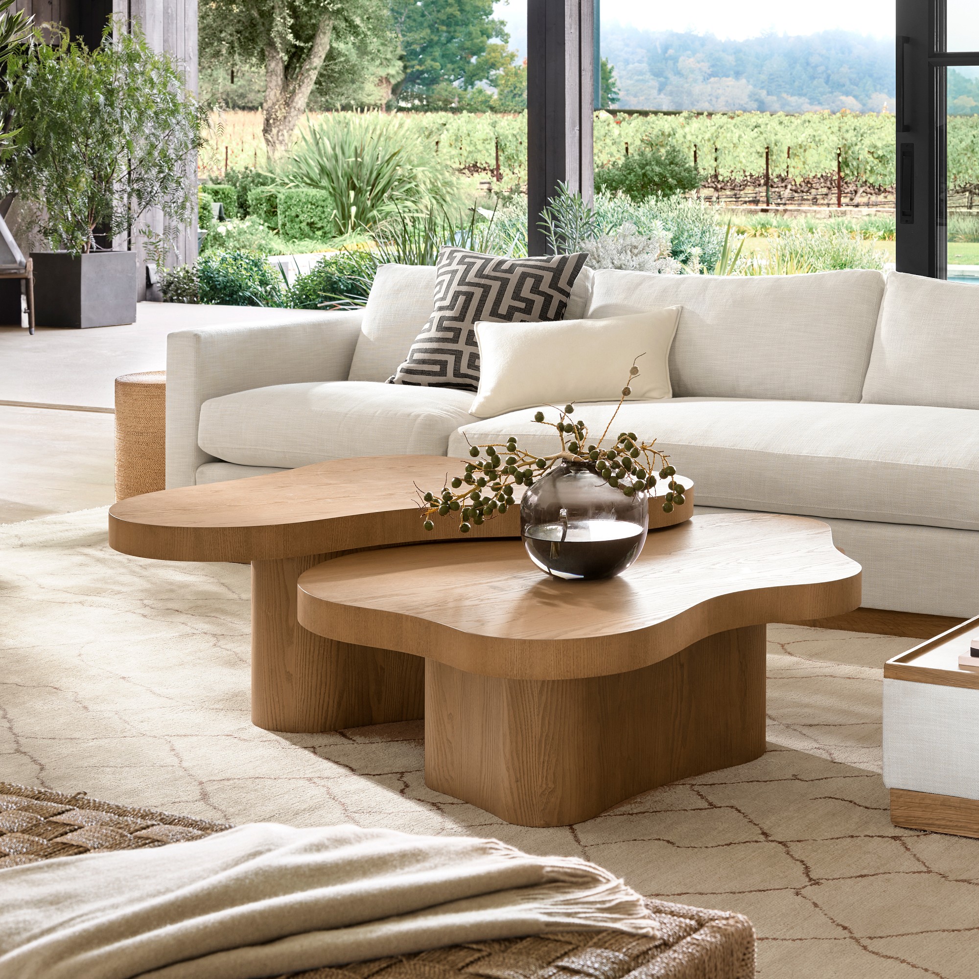 Close-up of sculptural wooden coffee table with rounded edge and visible wood grain, set against a plain background.
