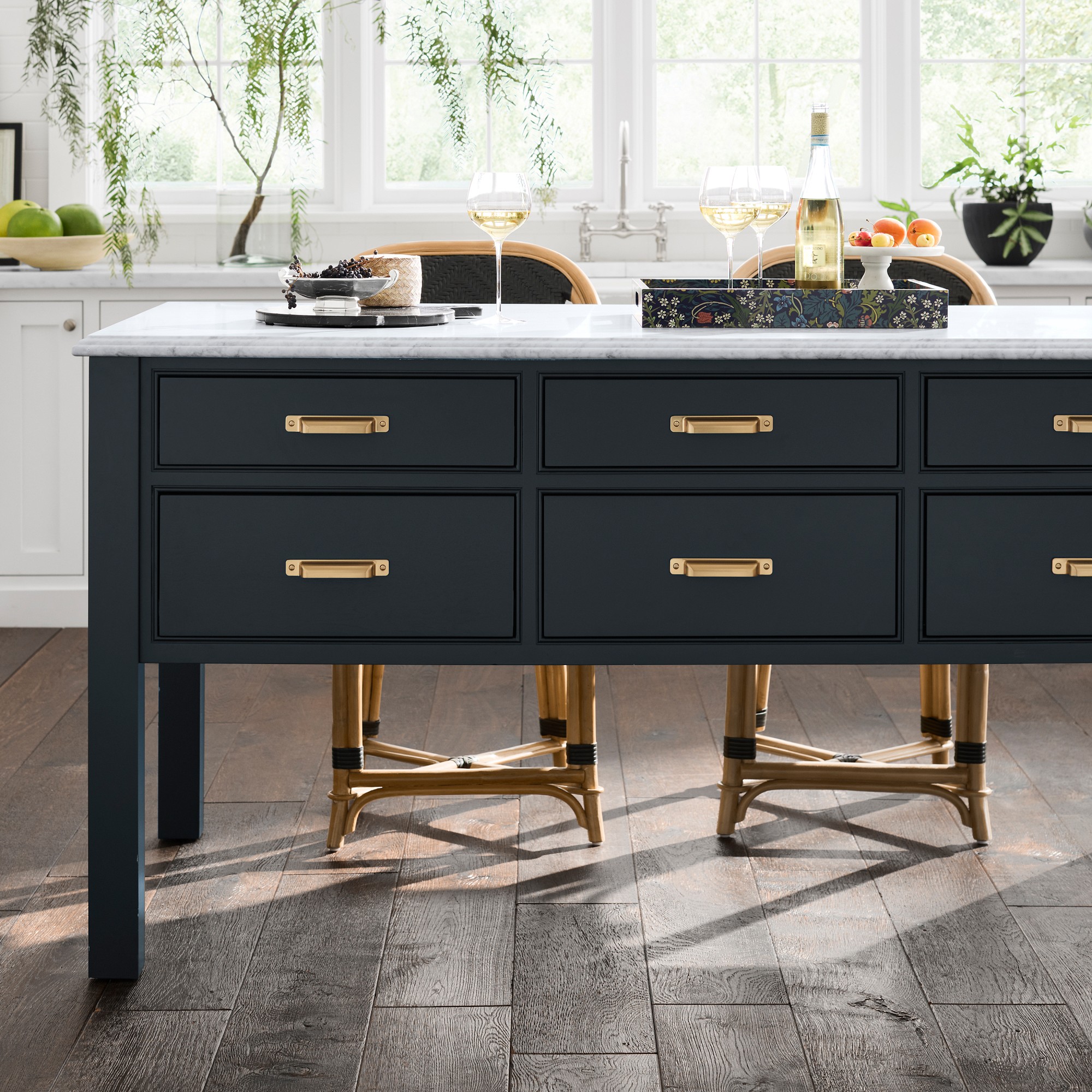 Close-up of the desk top and drawers with marble surface, highlighting drawer arrangement and hardware.