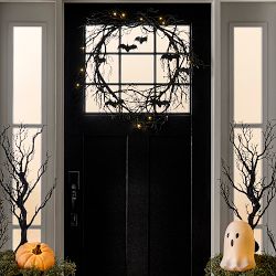 Pre-Lit Faux Branch &amp; Bat Faux Wreath