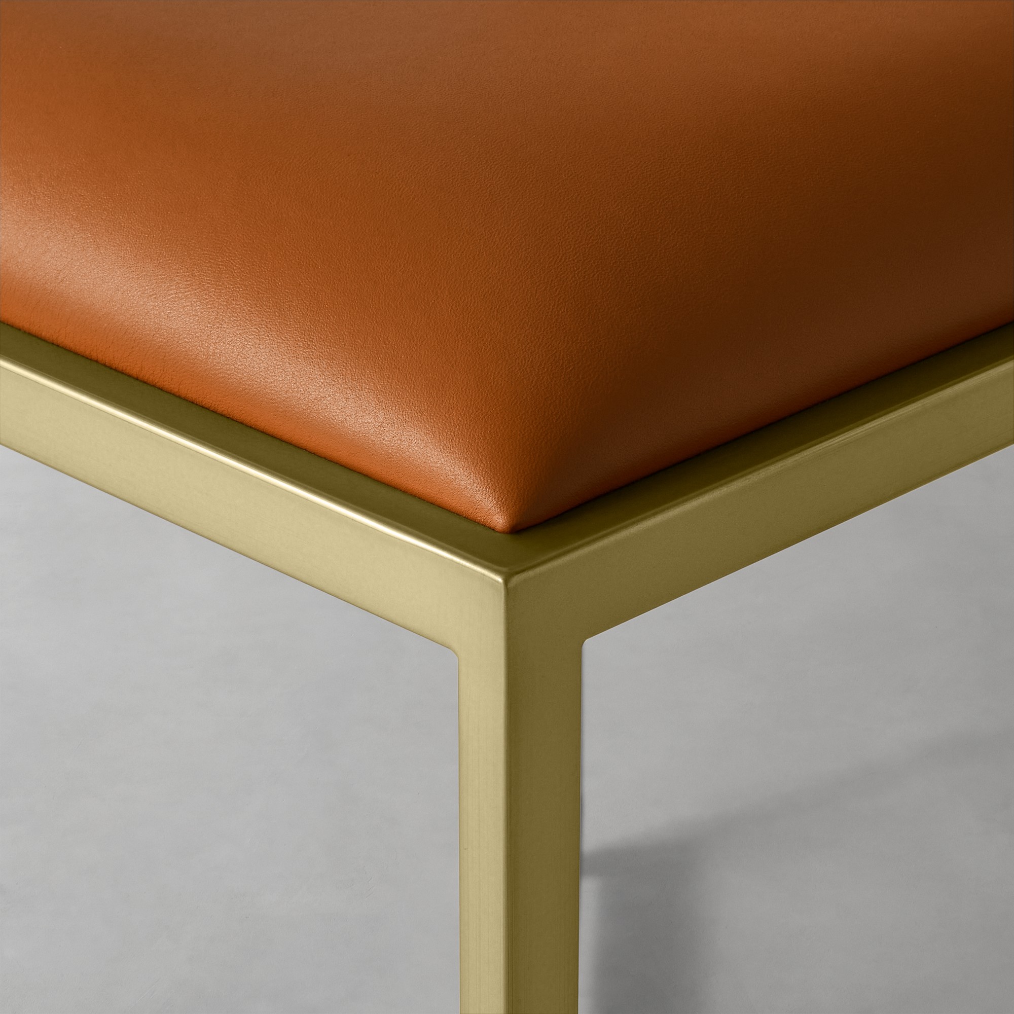 Close-up of the tan leather seat edge and gold metal frame corner.