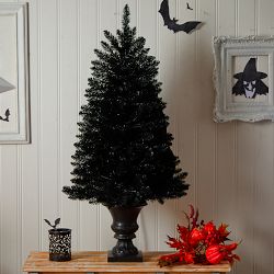 Halloween Black Pre-Lit Faux Tree in Urn, 48&quot;