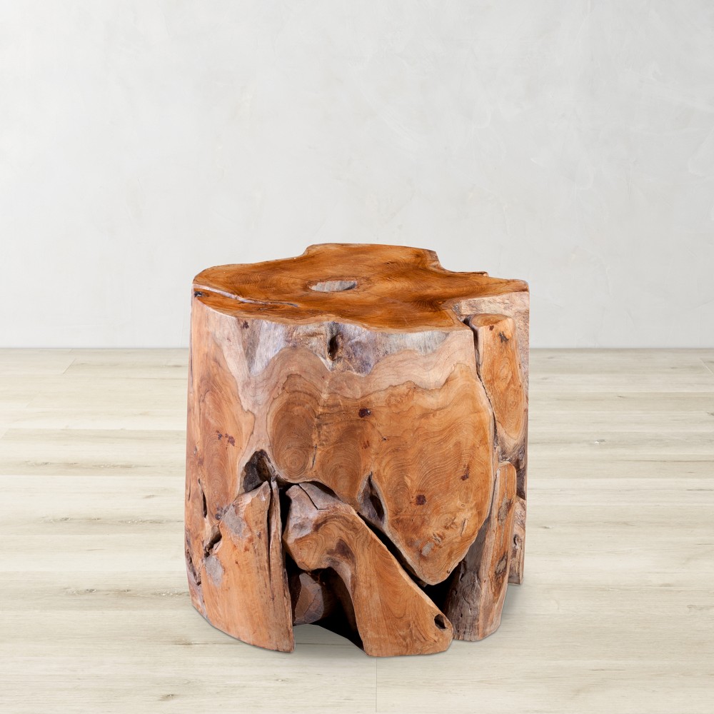Sliced Teak Live Edge Stool, Round