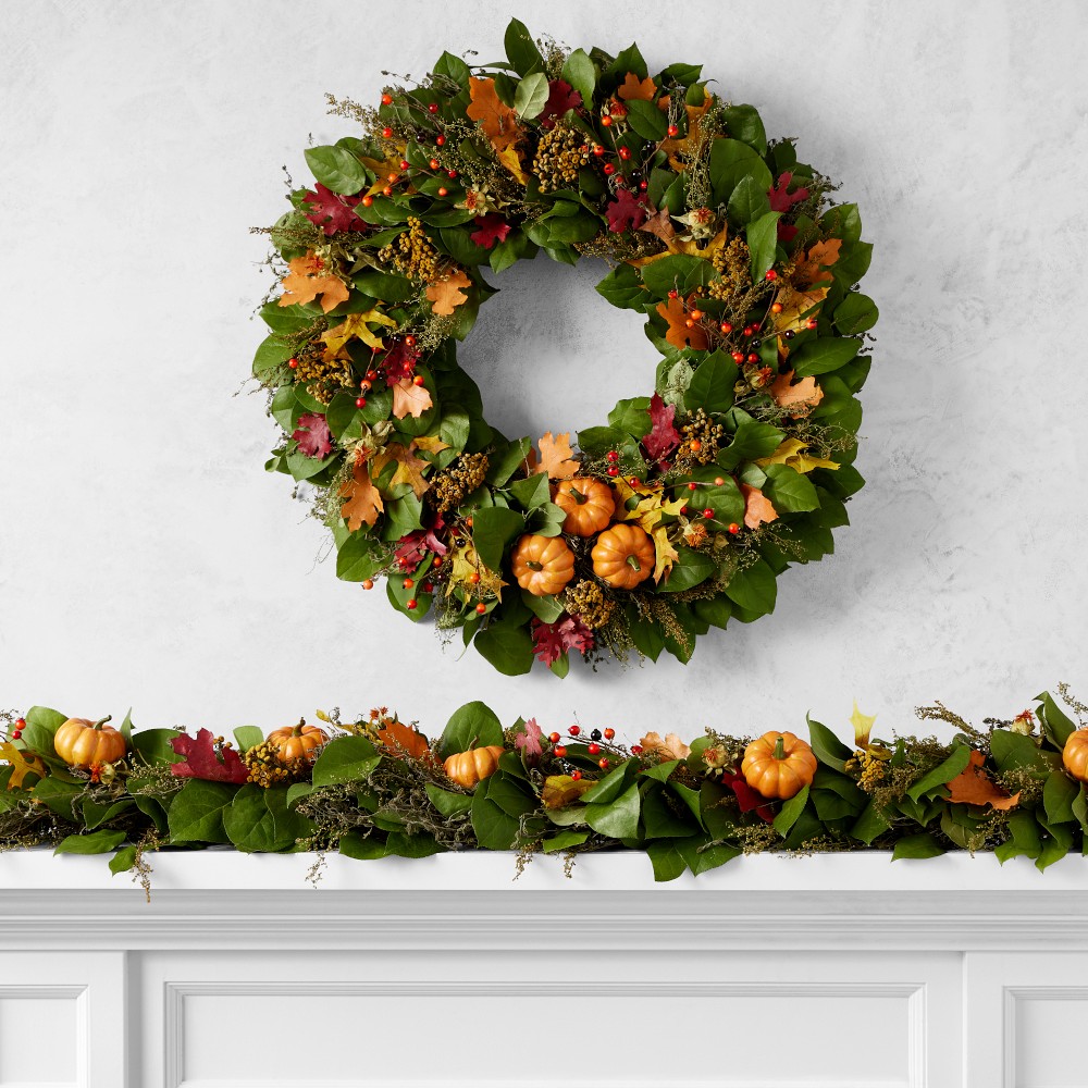 Fall Pumpkin Live Wreath &amp; Garland