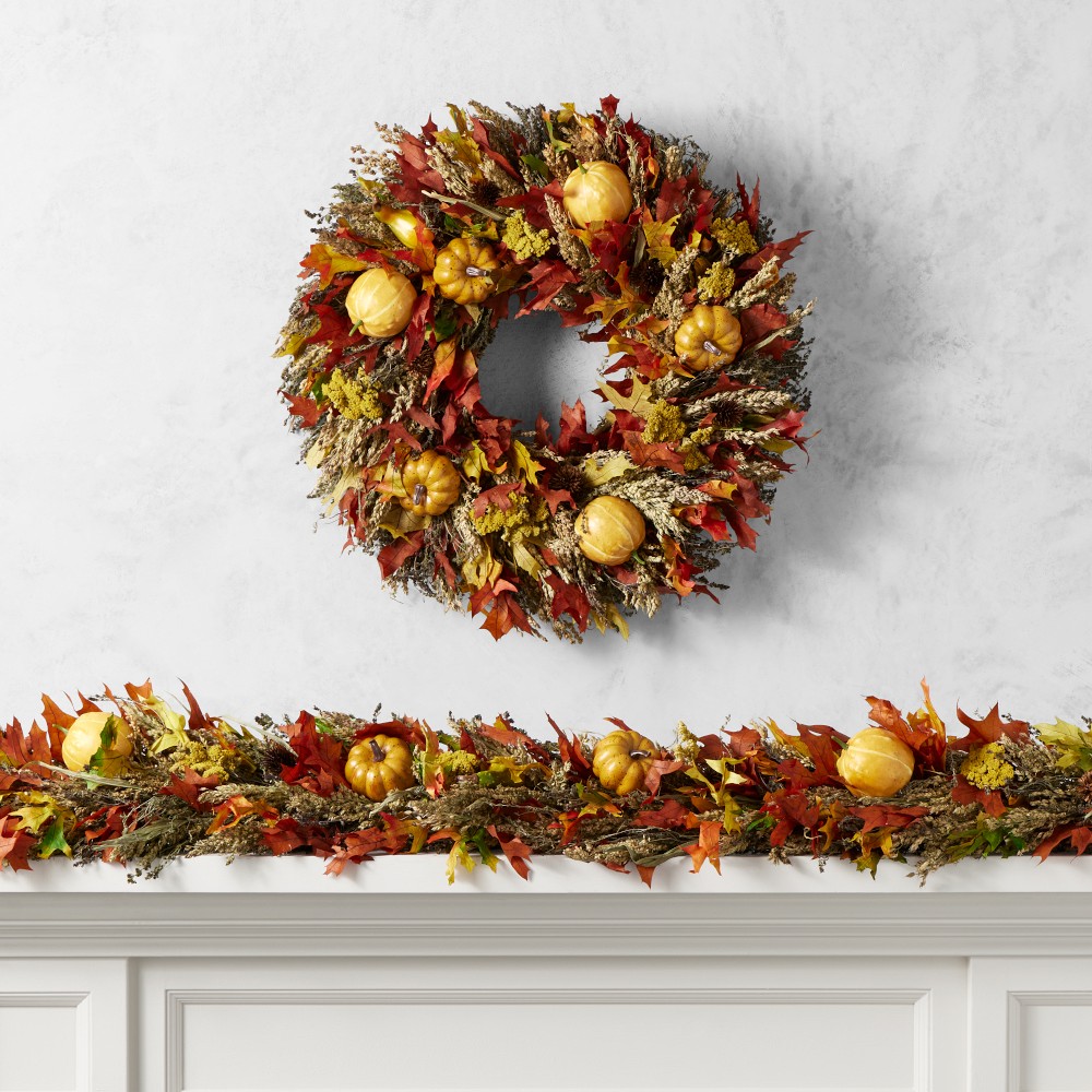 Pumpkin &amp; Fall Leaves Live Wreath &amp; Garland
