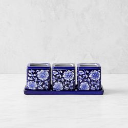 Blue &amp; White Ceramic Herb Tray with Pots, Set of 3