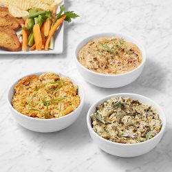 Buffalo Chicken, Caramelized Onion, & Spinach Artichoke Dip Trio