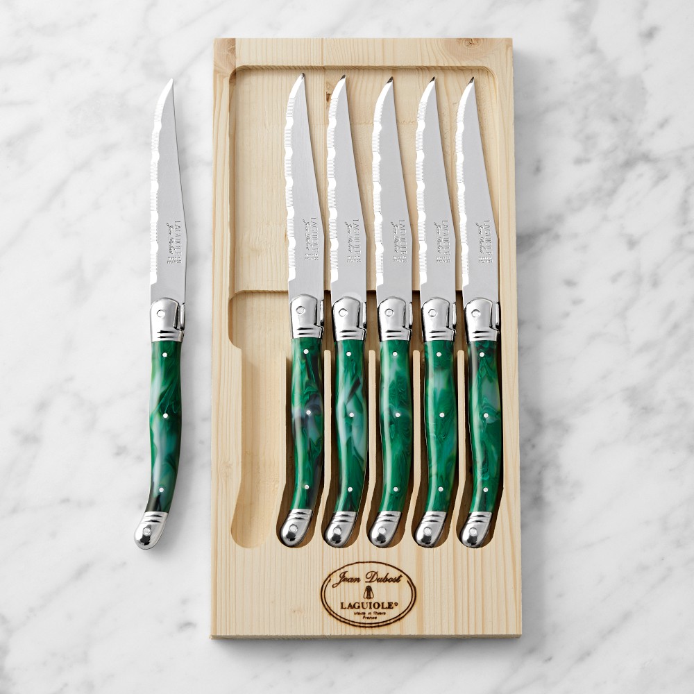 Jean Dubost Laguiole Steak Knives, Set of 6, Green Malachite