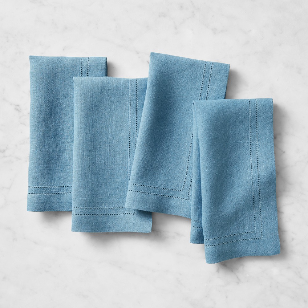 Linen Double Hemstitch Napkins - Set of 4, Harbor Blue