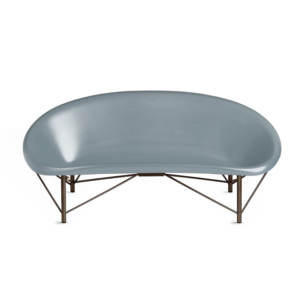 Blue-gray curved bench with metal legs