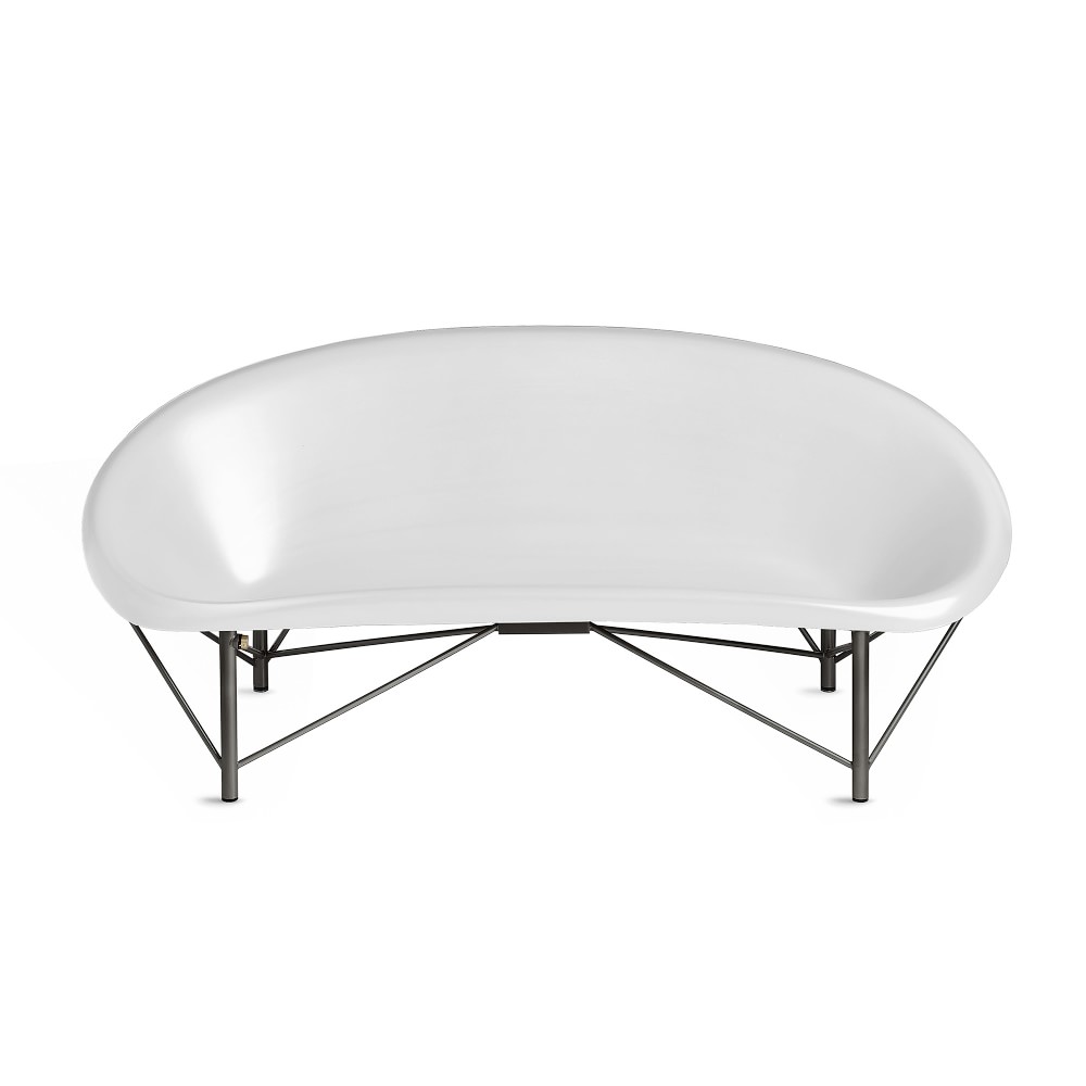 White curved bench with metal legs shown against white background