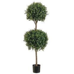 Double Ball-Shaped Faux Boxwood Topiary in Plastic Pot, 48"