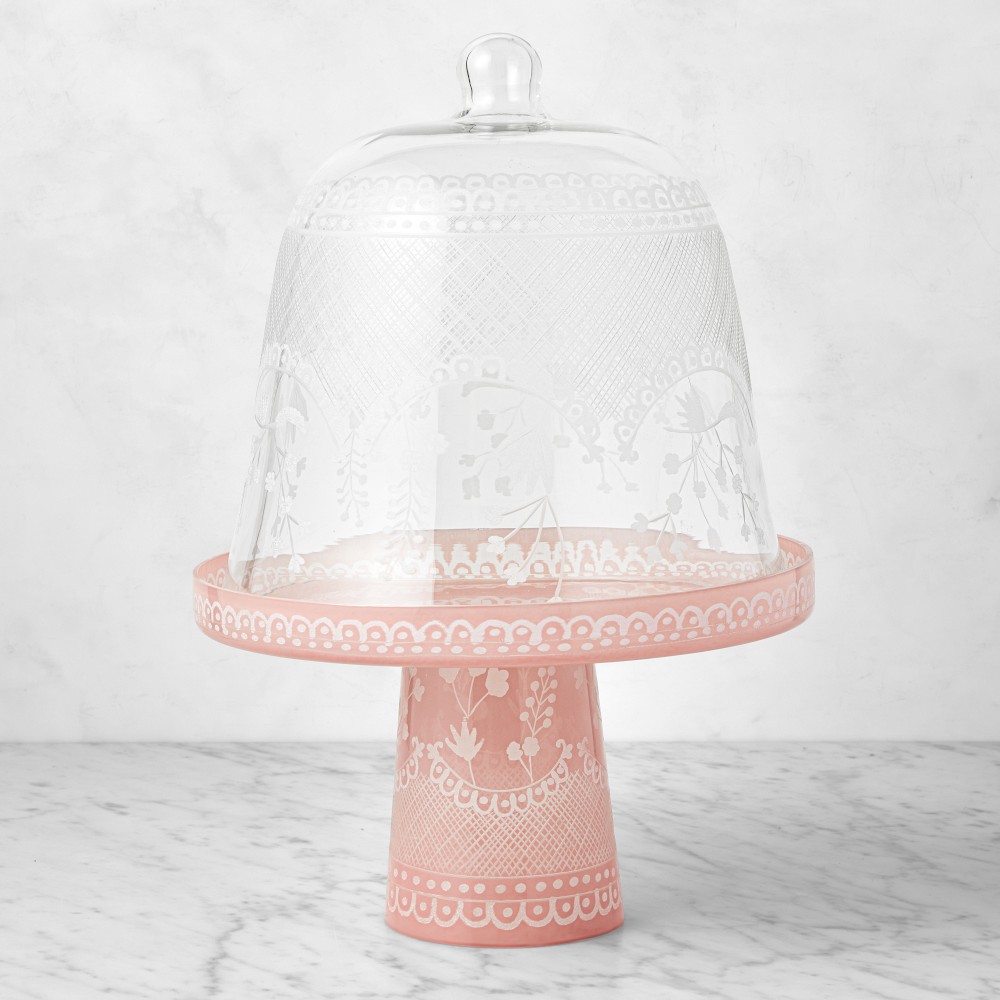 Famille Rose Glass Cake Stand with Cloche - Large