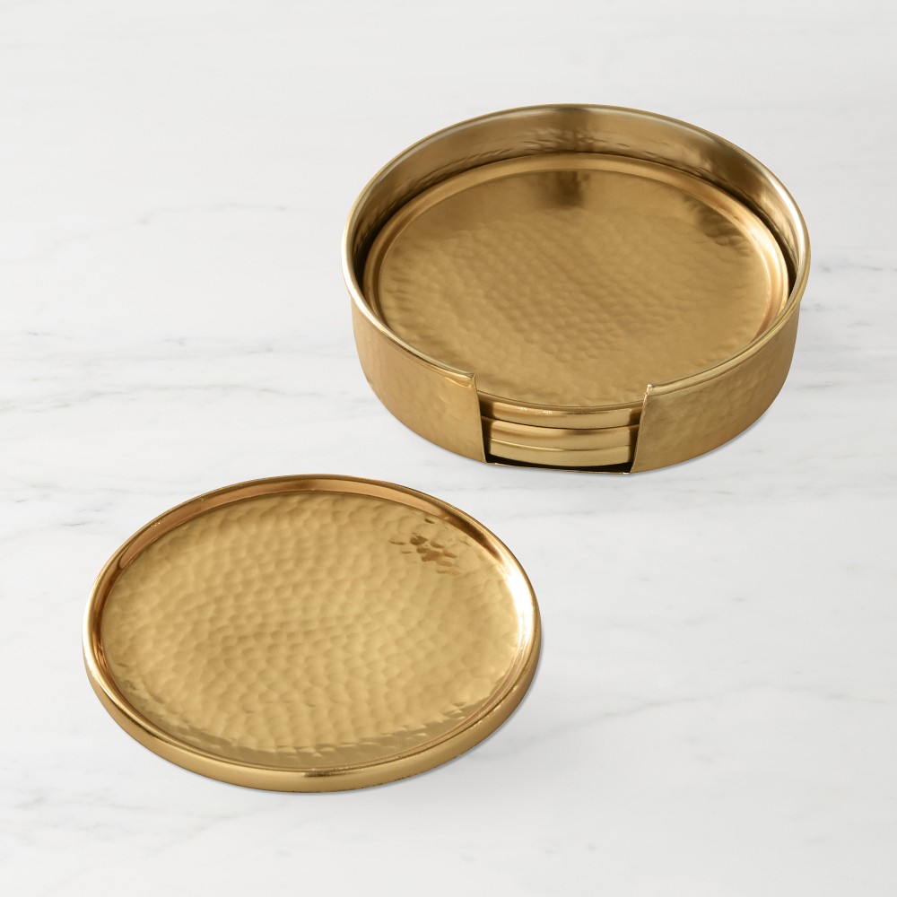 Williams Sonoma Antique Brass Hammered Coasters with Holder, Set of 4