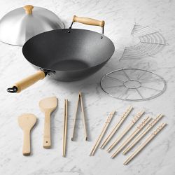 Joyce Chen Professional Series Carbon Steel Nonstick 10-Piece Wok Set with Lid and Maple Handles