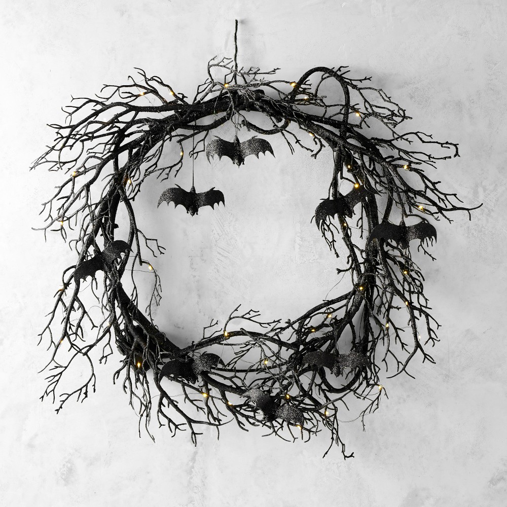 Pre-Lit Faux Branch & Bat Faux Wreath, 26" - 26"