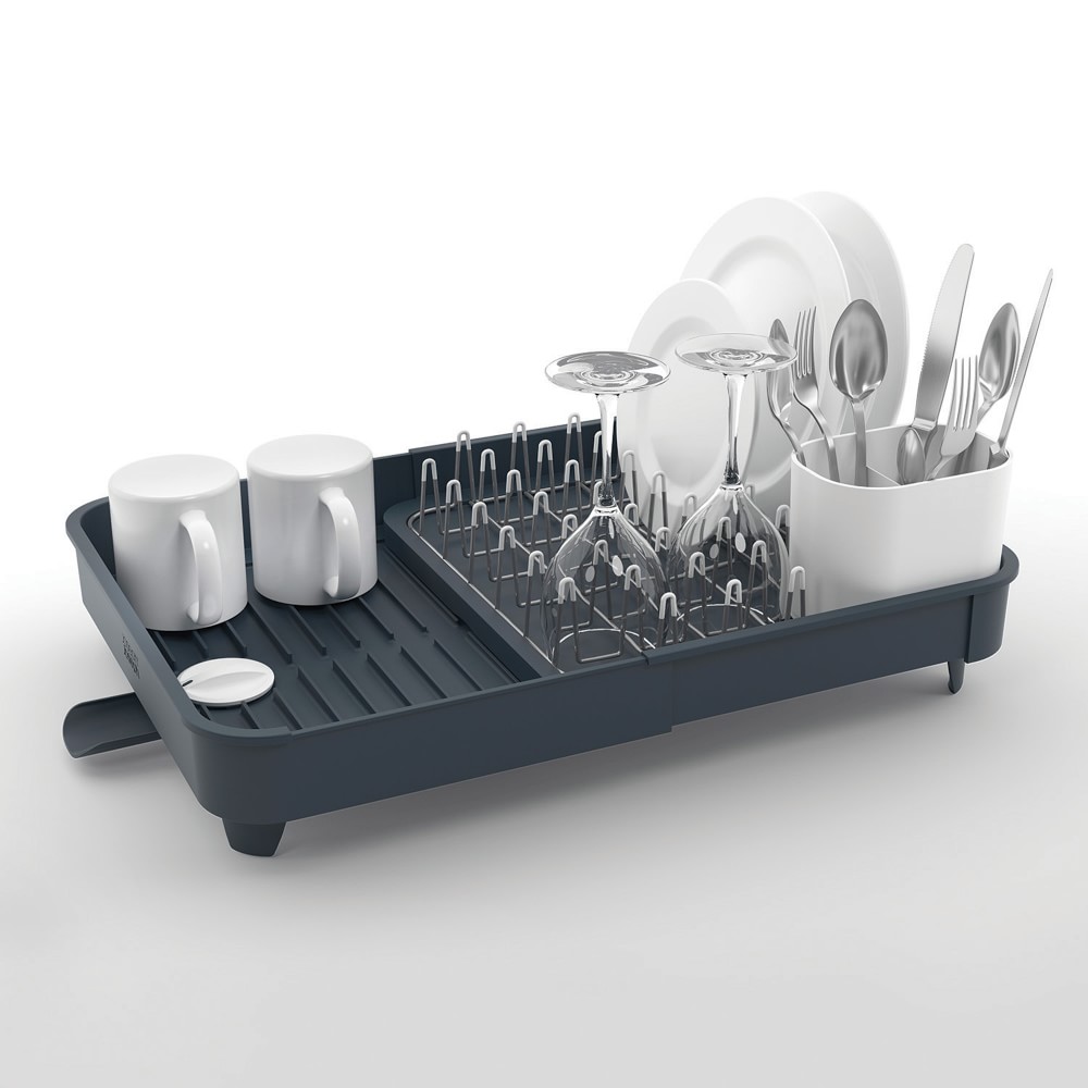 Joseph Joseph Extendable Dish Drying Rack with Dual Parts - Stainless Steel, Non-Scratch, Movable Utensil Drainer & Drainage Spout, Gray