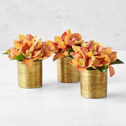 Faux Red Orchid Mini Floral Arrangement in Gold Cachepot
