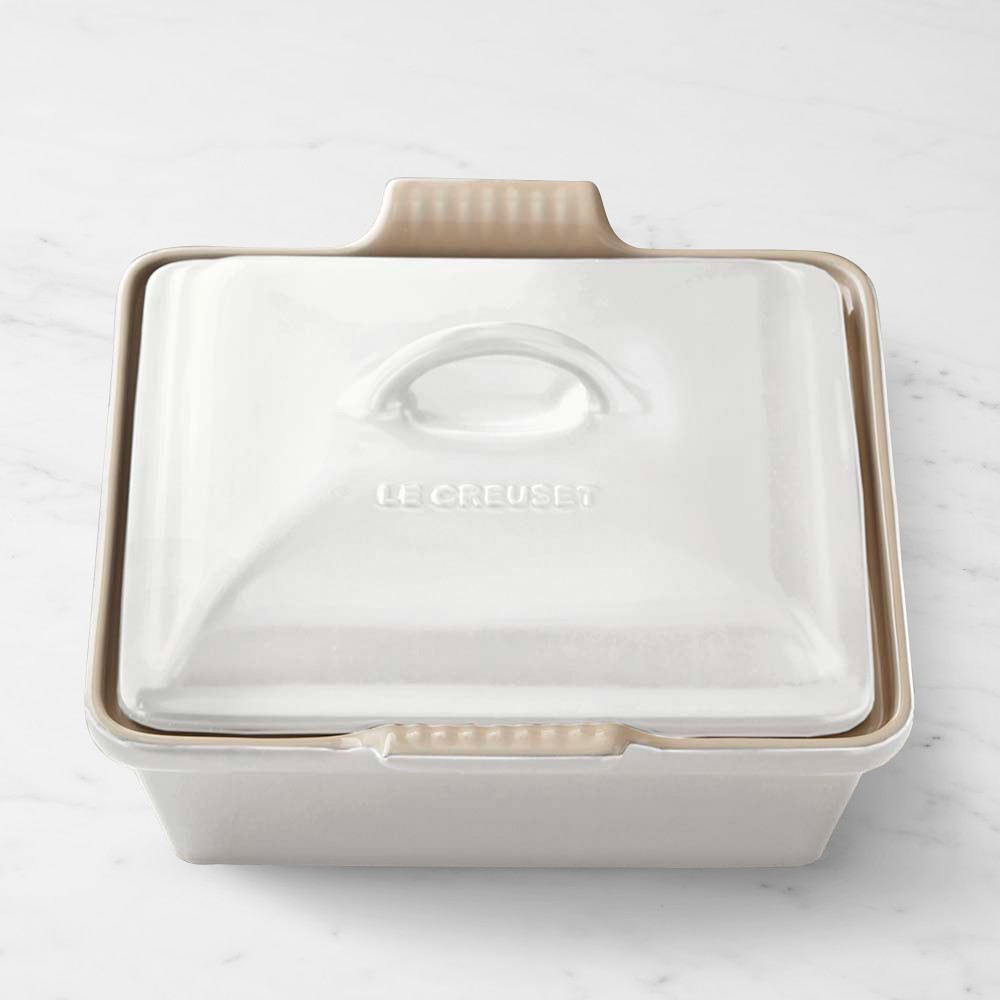 White Le Creuset Heritage Stoneware Shallow Square Covered Baker, 2-Qt.