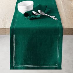 Linen Double Hemstitch Table Runner, Evergreen