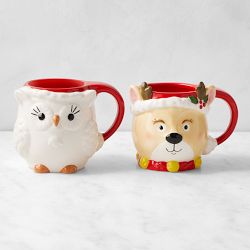 Figural Reindeer & Owl Mug Set