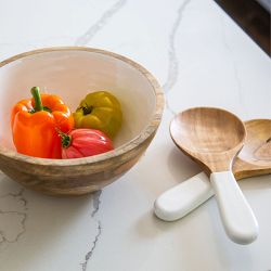 Jeanne Fitz Wood &amp; White Salad Bowl &amp; Servers Set