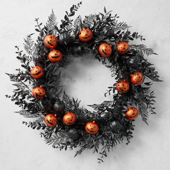 Pre-Lit Jack O'Lantern & Black Pumpkin Wreath | Williams Sonoma