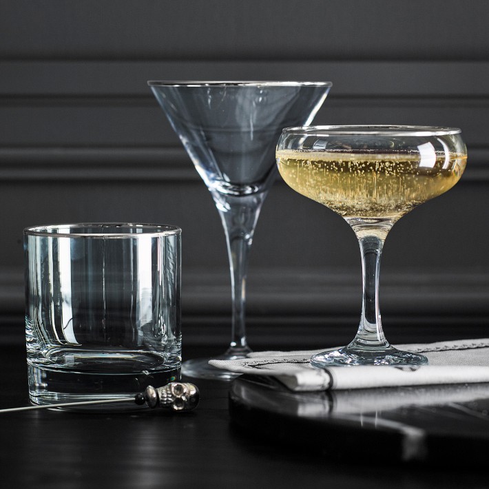 Set of 4 Mid-century Silver Band Trim 4oz Champagne Coupe  Silver-Banded Glass Coupe Pair display picture 1