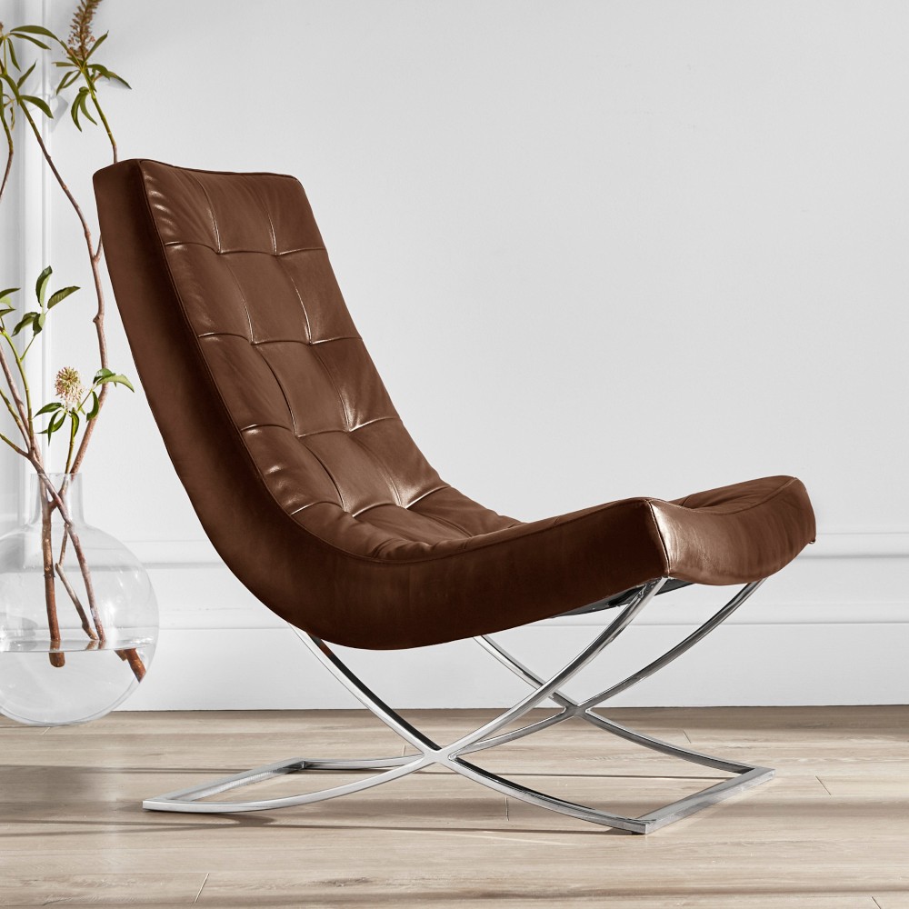Brown leather accent chair with tufted upholstery