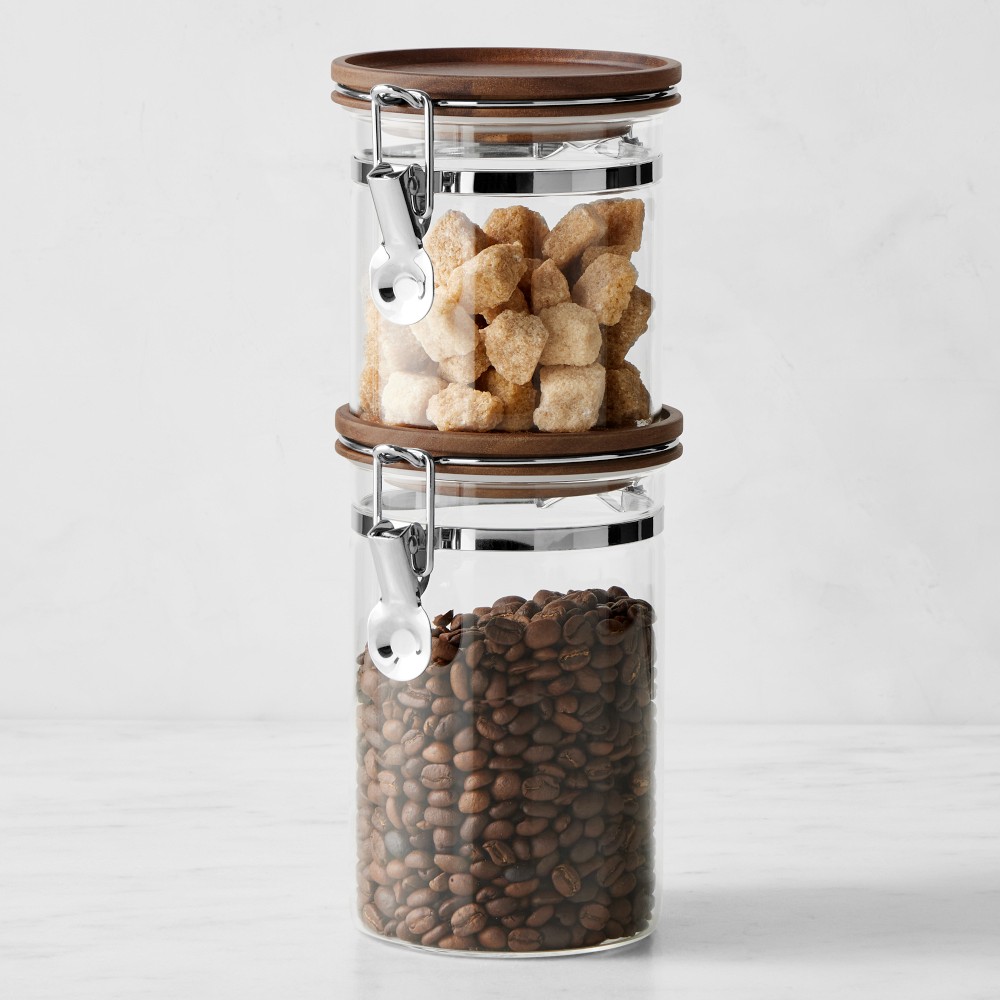 Hold Everything Stackable Glass Canister with Clamp - Set of 2, Walnut Finish